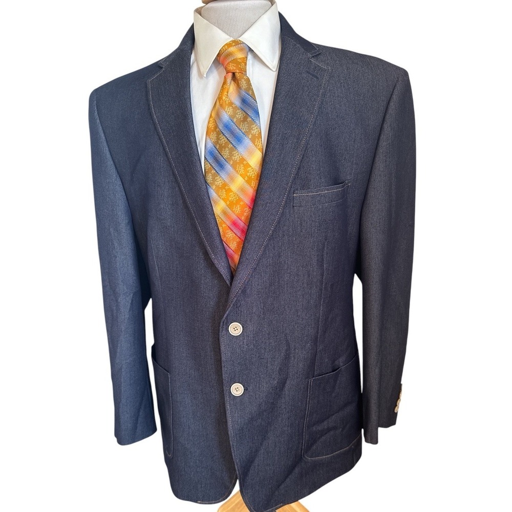 Van Heusen Studio Blazer Sz 48R Slim Blue Chambray Denim Look Sport Coat Jacket